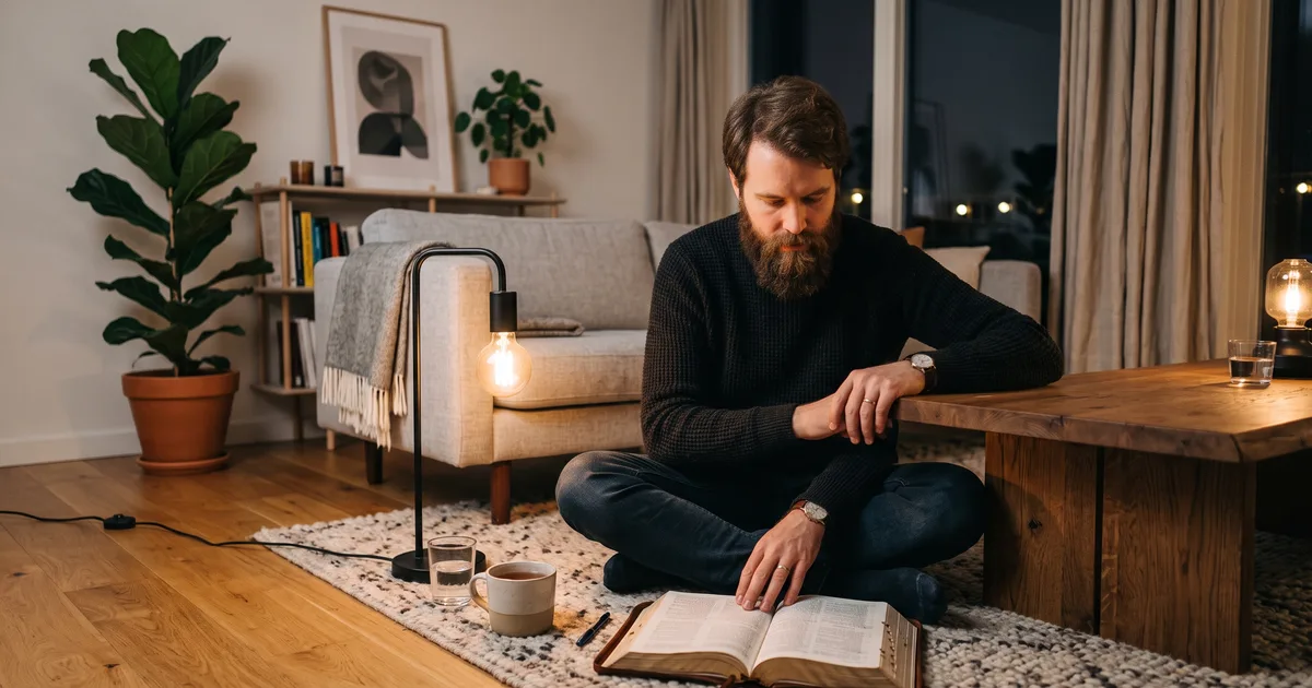 Hombre sentado piso leyendo la Biblia