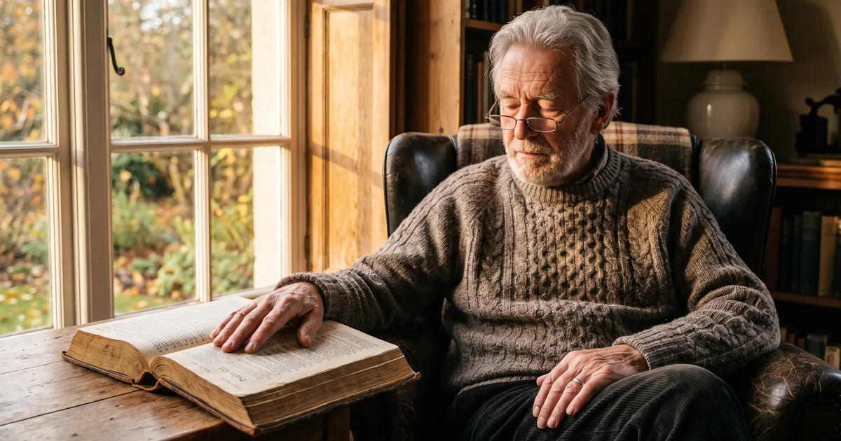 Hombre mayor ojos cerrados leyendo la Biblia