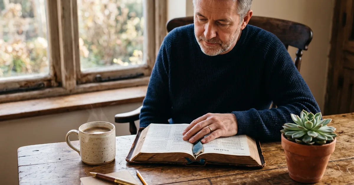 Hombre biblia cafe mesa rustica leyendo la Biblia