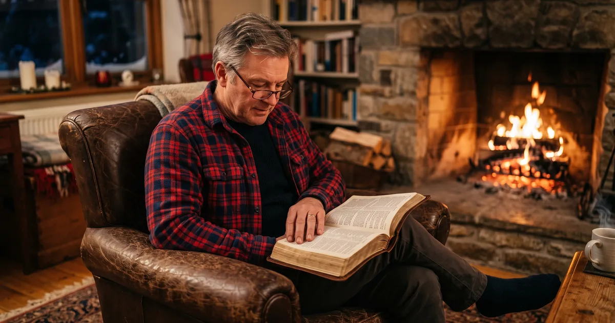 Hombre sillon chimenea leyendo la Biblia
