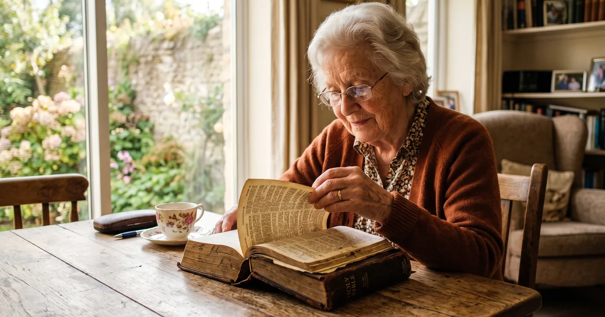 Mujer mayor pagina leyendo la Biblia