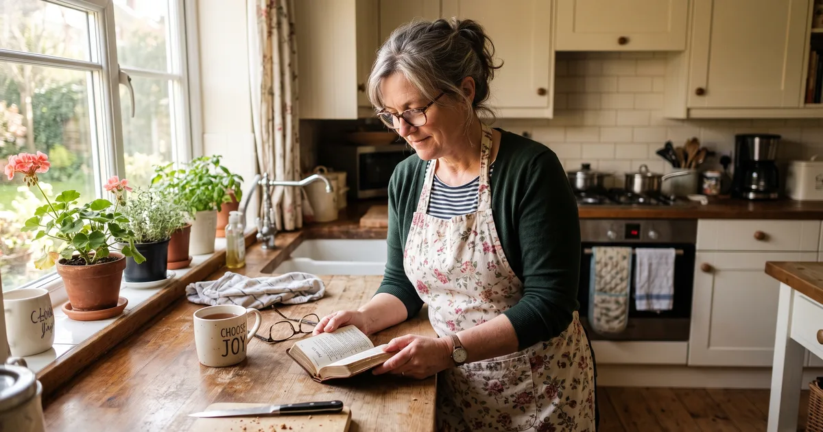 Mujer cocina delantal leyendo la Biblia
