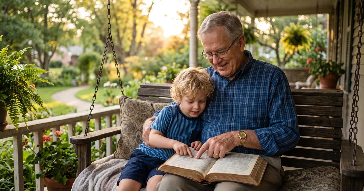 Abuelo nieto porche leyendo la Biblia